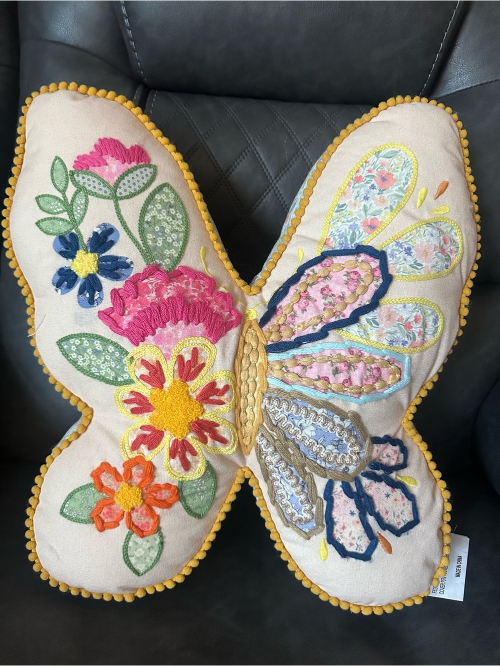 Embroidered Butterfly Pillow with Floral Appliqué - Yellow Trim